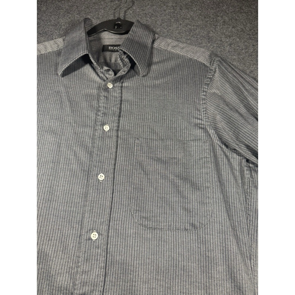 BOSS Hugo Boss Men's Long Sleeve Button Up Dress Shirt Gray and Black Striped